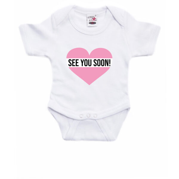 See you soon roze hart gender reveal rompertje wit meisjes