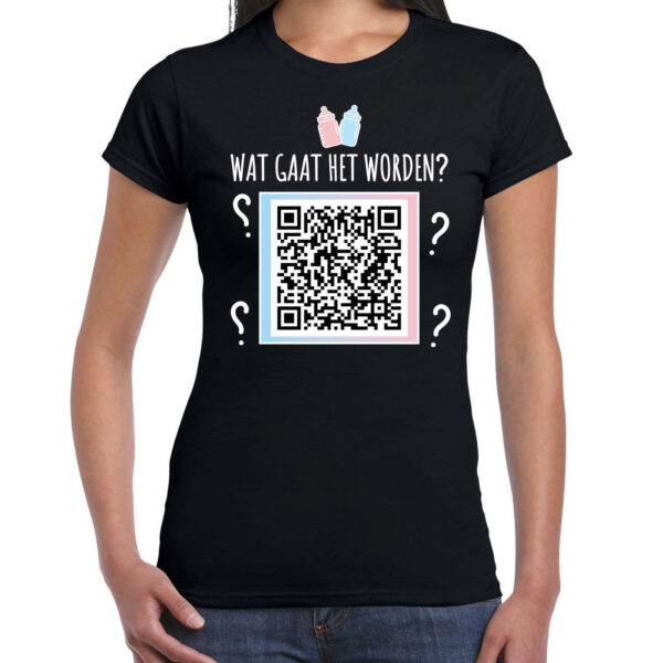 QR code gender reveal t-shirt wat gaat het worden dames zwart - jongen - Gender reveal shirts