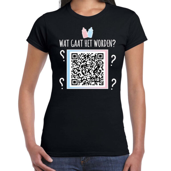 QR code gender reveal t-shirt wat gaat het worden dames zwart - meisje - Gender reveal shirts